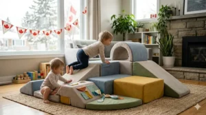 Soft-touch indoor wall climbing holds for toddlers.