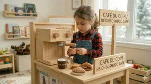 Toy coffee barista station pretend play sets with a wooden espresso machine and play food pastries.