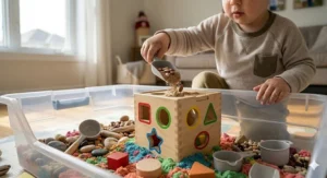 Compact, portable shape sorter toy illustration designed for Canadian families on the go.