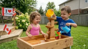 Three toddlers sharing a wooden water table with toy boats.