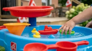 Toddler using floating toy boats in a backyard water table.