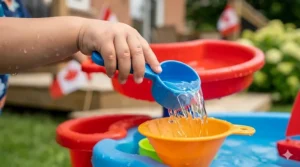 Close up of a toddler using fine motor skills to scoop water.