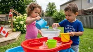 Toddler exploring water textures and hydrogel beads at a table.