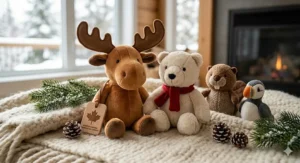 Soft, plush Canadian made baby toys featuring iconic wildlife like moose and polar bears.
