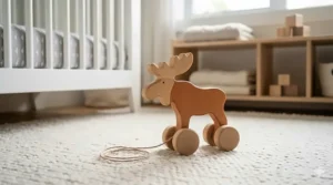 A handcrafted wooden moose pull along toy with sturdy wheels, perfect for Canadian nursery decor.