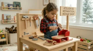 Heavy duty wooden tool bench pretend play sets for toddlers building and repairing toys indoors.