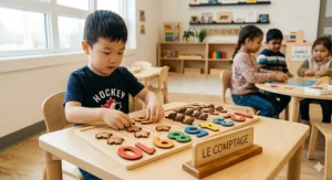 Colorful number tiles used in educational games to help a 4-year-old learn basic counting skills.
