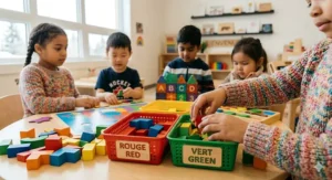 Toddler hands sorting colored blocks during a fun, interactive educational game for 4-year-olds.