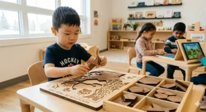 A 4-year-old child solving a wooden shape-matching puzzle, a popular educational game for early development.