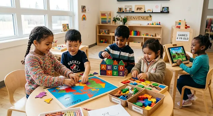 A diverse group of Canadian children playing educational games together in a bright, modern classroom.