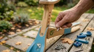 Demonstrating the adjustable seat height of the best balance bike for growing kids.