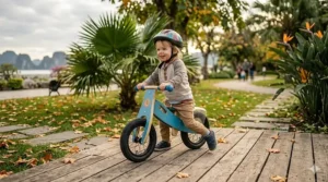A happy child playing in a driveway with their durable, best balance bike.