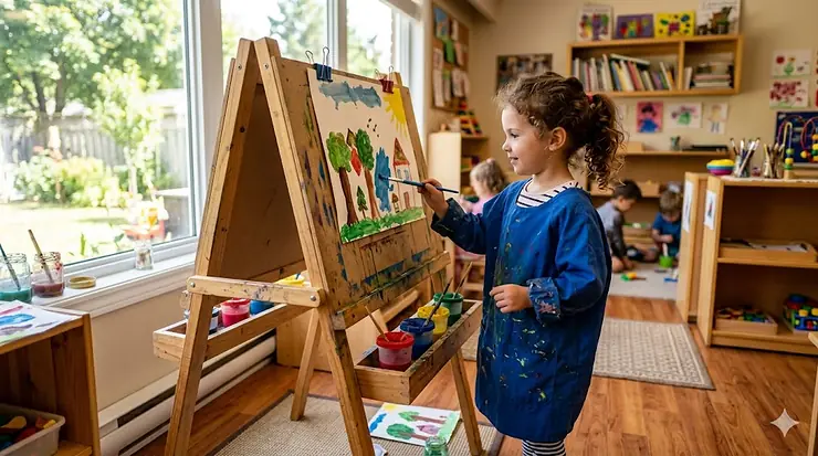 Wooden art easel for preschool children with adjustable height in a Canadian classroom.