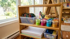 Close-up of non-toxic paints and brushes organized on a preschool art easel.
