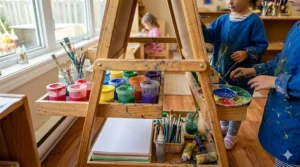 Art easel for preschoolers featuring built-in trays for paint and brushes.