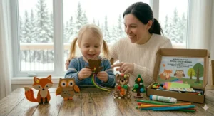 Charming illustration showing three finished and decorated wooden boreal animals (fox, bear, owl) from a kids craft kit, displayed as cherished keepsakes.
