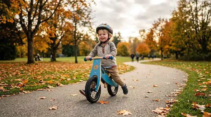 Toddler riding the best balance bike on a paved Canadian park path in autumn.