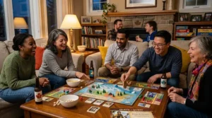 Friends and family laughing during an exciting board games party night.