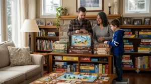 Organized shelf displaying a variety of top-rated family board games for all ages.