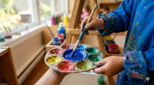 A preschool child painting a colorful landscape on a sturdy art easel.