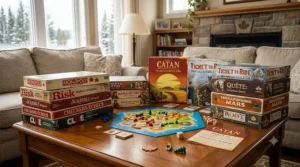 Selection of classic and modern family board games on a wooden coffee table.