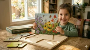 Child playing with a cognitive development puzzle game. / Enfant jouant avec un jeu de puzzle pour le développement cognitif.