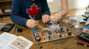 Colorful crystal growing kit on a wooden table | Cristaux colorés en croissance pour expérience