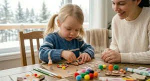 Educational craft kit activity showing a 4 year old threading a pipe cleaner to develop fine motor skills. (Bilingual text).