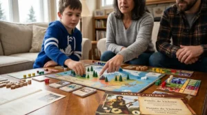Close-up of hands moving tokens on an educational board game for families.