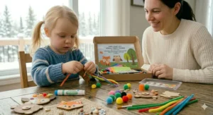 An illustration showing a 4-year-old girl proudly completing a simplified craft task (gluing a pom-pom onto a wooden owl) alone, fostering independent play.