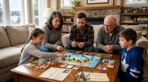 Group enjoying family board games during a snowy Canadian winter evening.