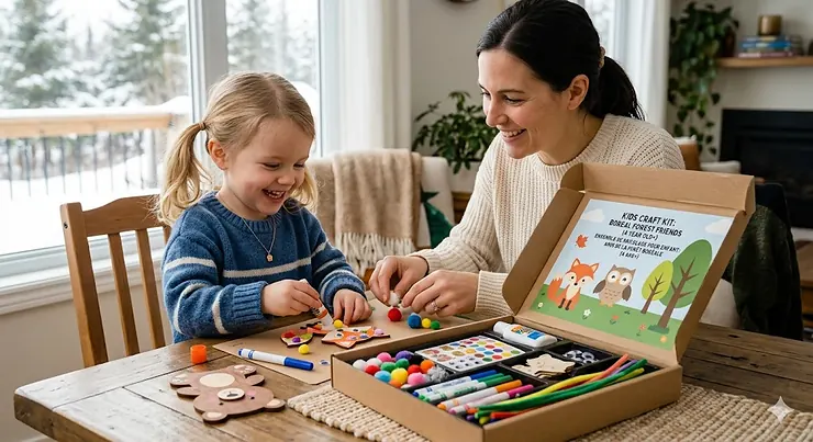 Kids craft kit for 4 year old, showing a girl and mother crafting a fox with bilingual (EN/FR) packaging in a cozy Canadian home. kids craft kit 4 year old