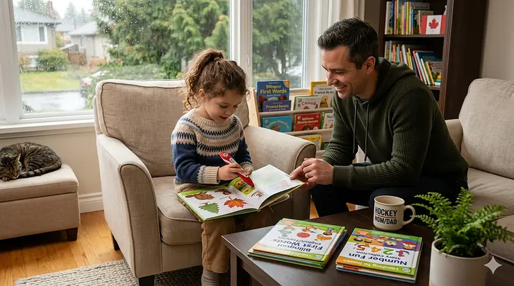A young student engaging with interactive LeapFrog reading books to support English and French language development in Canada.