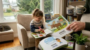 A LeapFrog reading book set displayed on a wooden shelf in a Canadian classroom, perfect for early education.