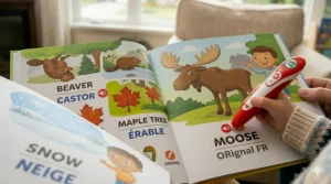 An interactive LeapFrog reading book featuring bilingual activities tailored for young learners across Canada.