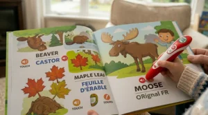 Close-up view of a child’s hands navigating a LeapFrog reading book, an essential tool for bilingual families in Canada.