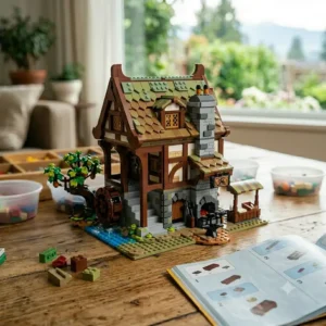 A detailed profile view of the LEGO Creator 3-in-1 Cosy House main build, situated on a wooden table. A small LEGO family minifigure is standing by the blue front door, with soft-focus window light in the background. / Vue de profil détaillée de la construction principale de la maison confortable LEGO Creator 3-en-1, située sur une table en bois. Une petite figurine de famille LEGO se tient près de la porte d'entrée bleue, avec une lumière de fenêtre douce en arrière-plan.