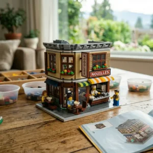 A photorealistic close-up of a detailed LEGO Creator 3-in-1 medieval castle build, complete with grey towers, blue roofs, and a drawbridge, resting on a wooden table. A LEGO knight minifigure with a shield is visible at the gate. / Gros plan photoréaliste d'une construction détaillée de château médiéval LEGO Creator 3-en-1, avec des tours grises, des toits bleus et un pont-levis, reposant sur une table en bois. Une figurine de chevalier LEGO avec un bouclier est visible à la porte.