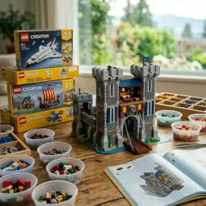 A detailed shot focusing on a LEGO Creator 3-in-1 Race Car. The car is posed dynamically, showcasing its detailed cockpit, spoiler, and brick-built wheels, resting next to an open instruction manual on a wooden table. / Prise de vue détaillée centrée sur une voiture de course LEGO Creator 3-en-1. La voiture est posée de manière dynamique, mettant en valeur son cockpit détaillé, son aileron et ses roues construites en briques, reposant à côté d'un manuel d'instructions ouvert sur une table en bois.
