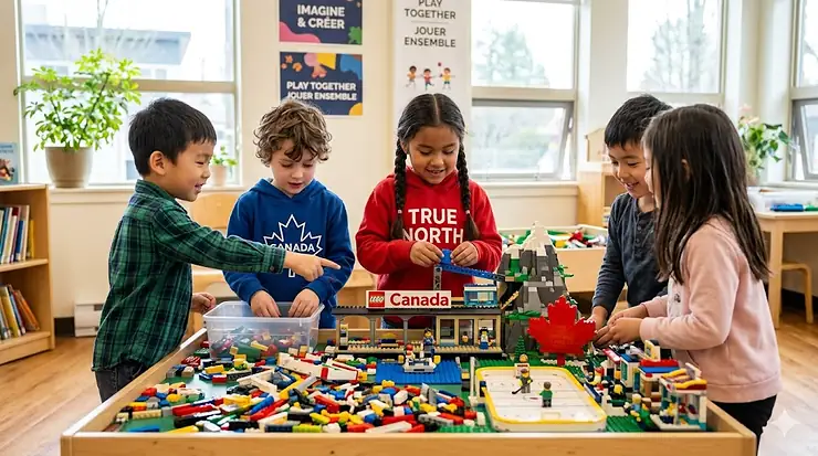 Diverse group of 6-year-olds building LEGO sets together. LEGO sets 6 year old