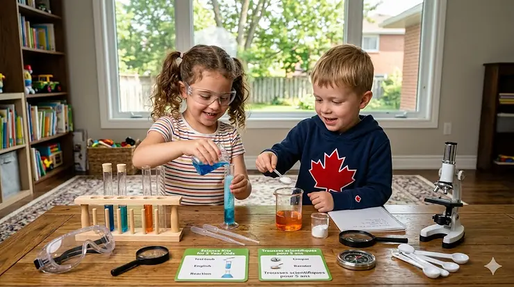 A detailed, photorealistic collection of PAW Patrol toys displayed in a naturally lit Canadian home. / Une collection détaillée et photoréaliste de jouets La Pat' Patrouille dans une maison canadienne lumineuse.