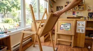 Lightweight, folding art easel designed for easy storage in preschool settings.