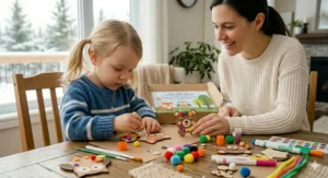 Illustration of a 4-year-old decorating an owl with safe paints and felt dots from a creative play kit. (Bilingual text visible).