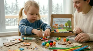 A reassuring illustration showing certified safe, non-toxic craft materials (bilingual labels, age 4+) next to wooden boreal animal shapes.
