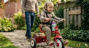 Young child learning to pedal on a classic Radio Flyer tricycle.