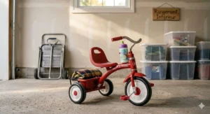 Compact, foldable Radio Flyer tricycle for easy home storage.