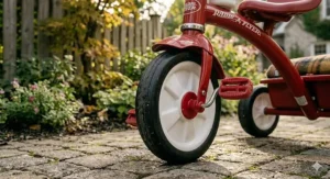 Durable rubber tires on a Radio Flyer tricycle for smooth riding.