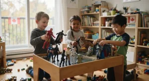 Children playing with durable action figures.