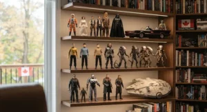 Classic science fiction action figures on a shelf.