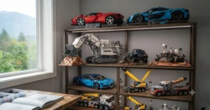 A collection of completed advanced LEGO Technic expert kits proudly displayed on a shelf in a Canadian home.